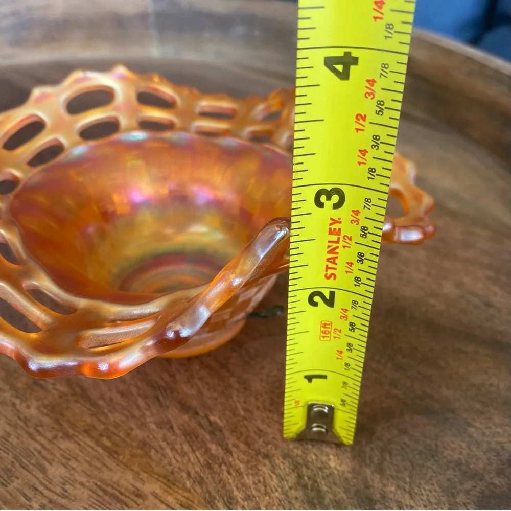 Set Of 2 Vintage Carnival Glass Basket Weave Marigold Dish with Lattice Edge - Picture 8 of 12